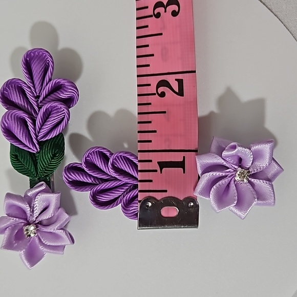 Hand Crafted Purple Barrette Hair Clip Floral Ribbon flowers purple 2- Piece set - Picture 12 of 16
